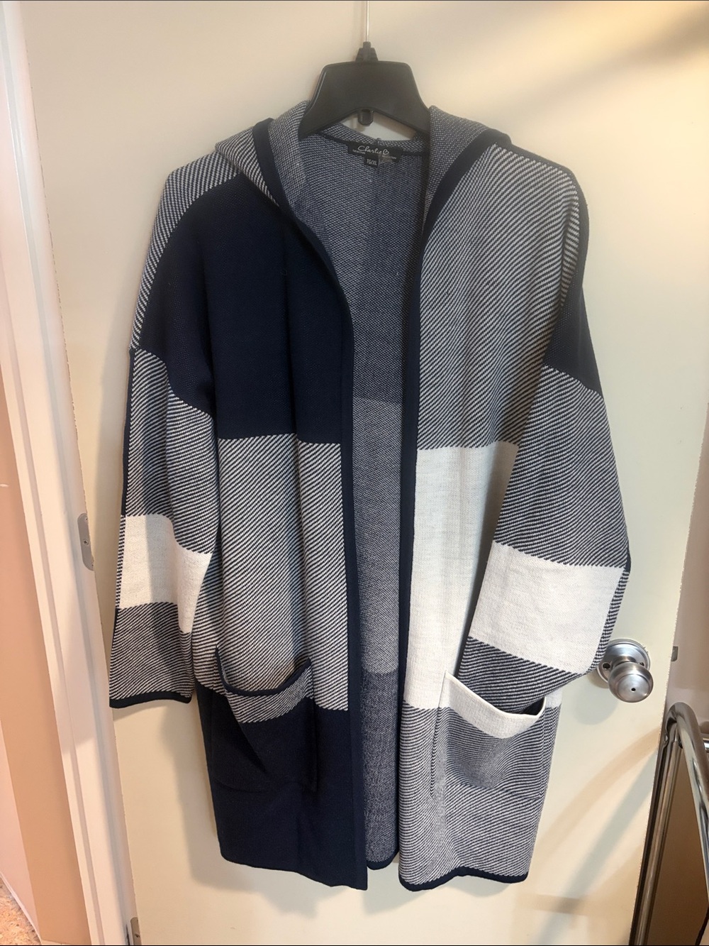 CHARLIE B Navy, Gray & White Hooded Block-Stripe Cardigan
